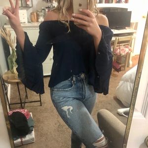 Blue long sleeve off the shoulder boutique top